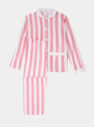 100% Cotton Poplin Pink  & White Stripe Long Pyjamas With Side Pocket, White Collar and Cuffs Ric Rac Trim