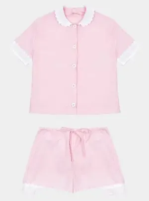 100% Cotton Poplin Pyjamas in Pink With White Contrasting Collar and Cuffs With Ric Rac Trim