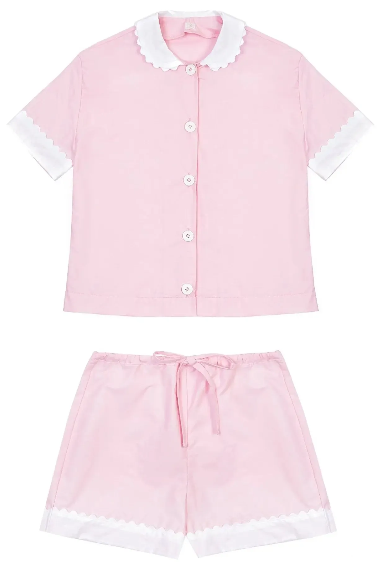 100% Cotton Poplin Pyjamas in Pink With White Contrasting Collar and Cuffs With Ric Rac Trim