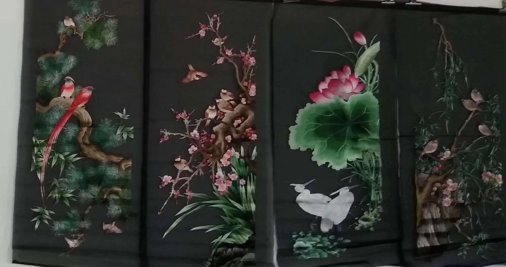 161218 Hand Su Double-sided Embroidery 4screens(1set) Art:flower birds still life 90cm