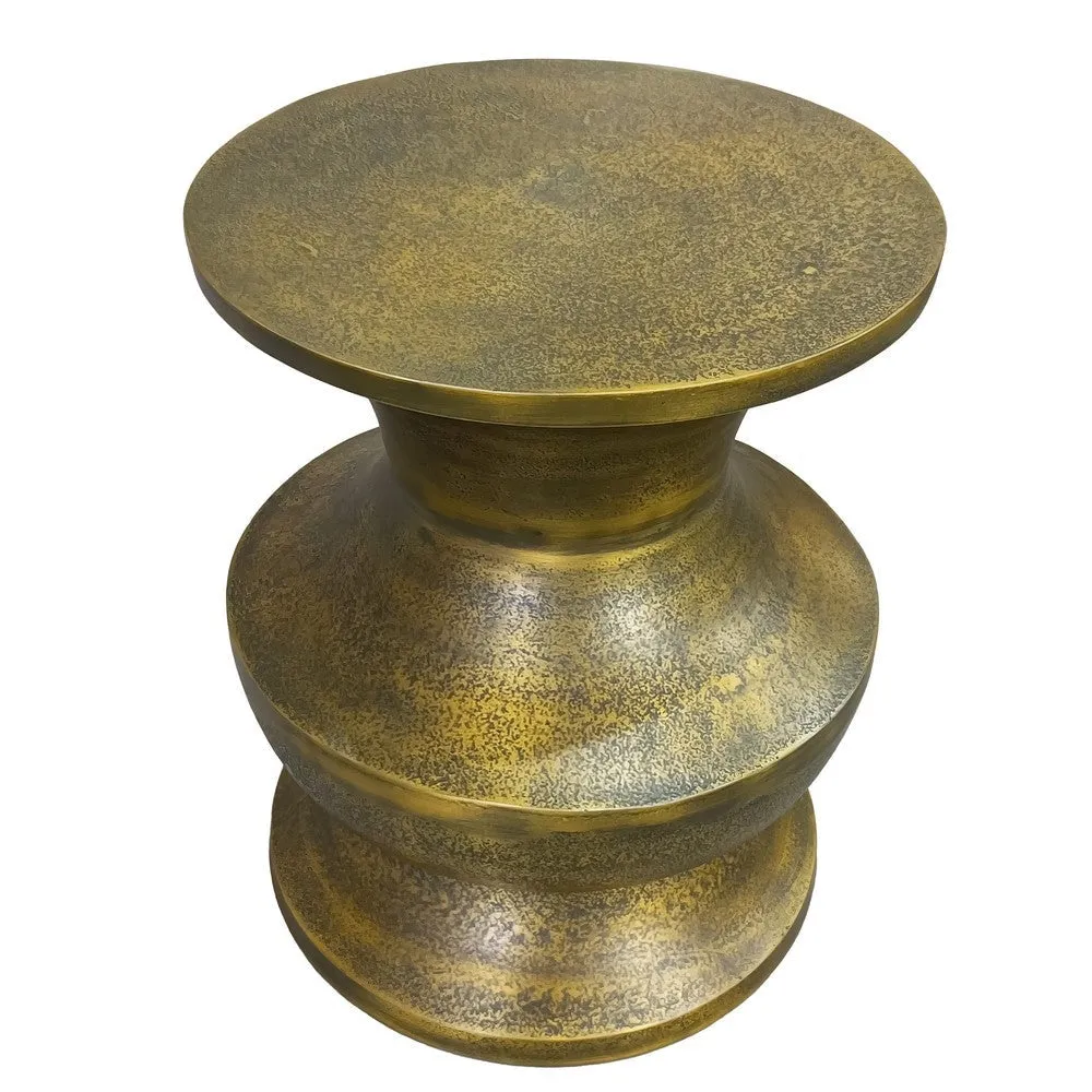 18 Inch Round Accent Side End Table, Turned Pedestal Base, Aluminum, Antique Gold Brass By The Urban Port