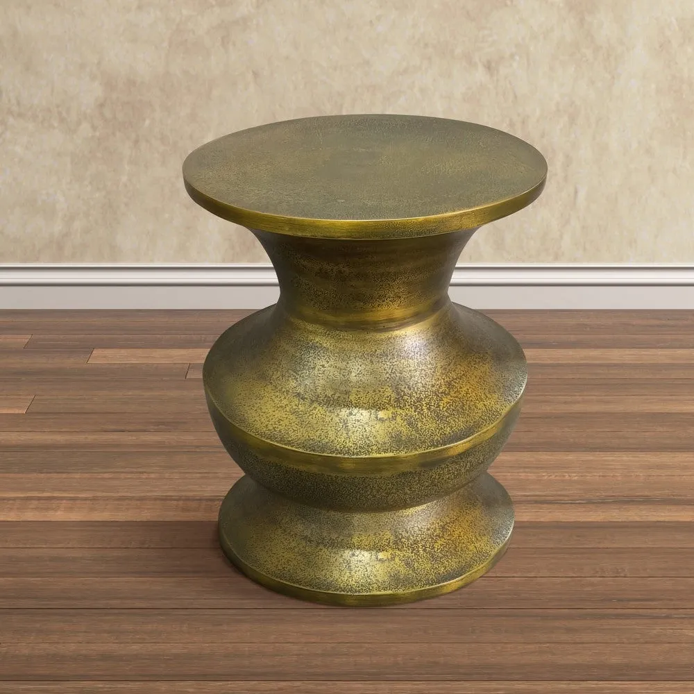 18 Inch Round Accent Side End Table, Turned Pedestal Base, Aluminum, Antique Gold Brass By The Urban Port