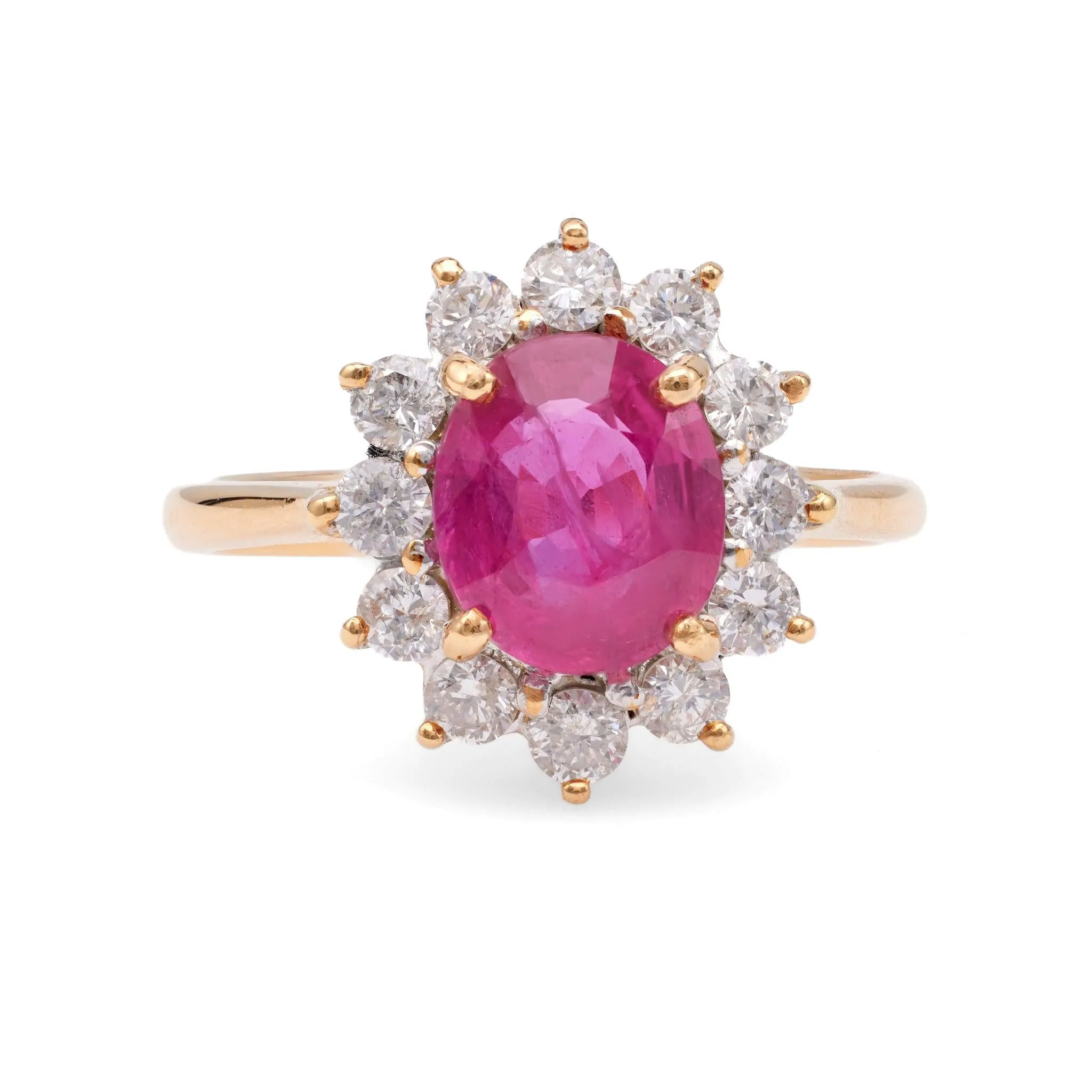 2.04 Carat Ruby and Diamond 18k Yellow Gold Cluster Ring