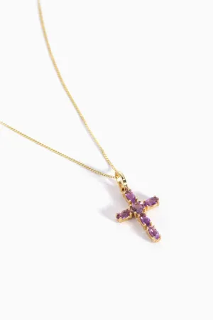 9ct Yellow Gold Amethyst Cross Pendant 18 Inches