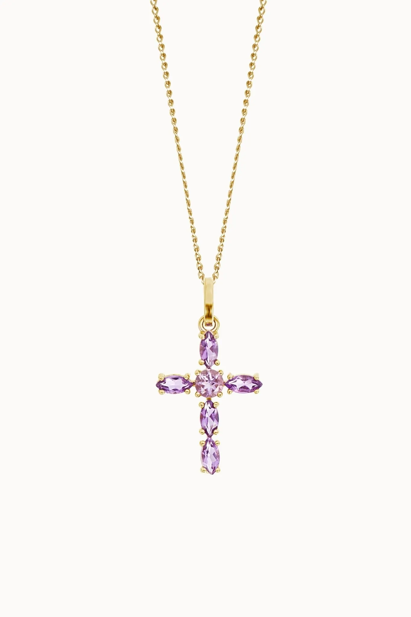 9ct Yellow Gold Amethyst Cross Pendant 18 Inches