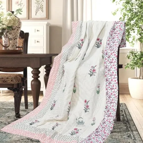 AARMOZY Cotton Jaipuri Razai Single Bed Hand Block Floral Buta Bail Print Quilt Blanket - Pink (Single Bed A)