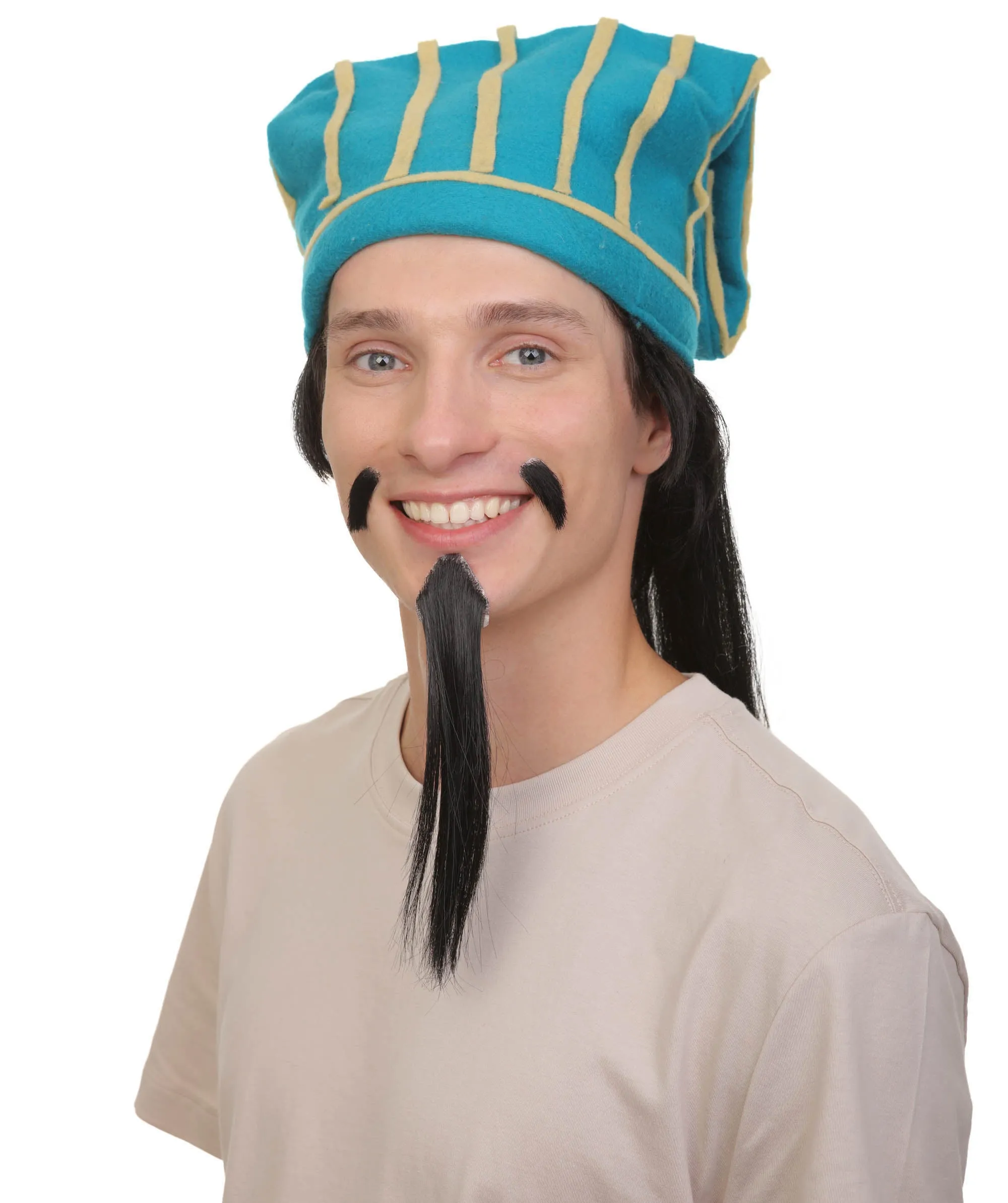 Adult Men's Straight Long Black Wig with Attached Hat Mustache Beard | Best for Halloween | Flame-retardant Synthetic Materials