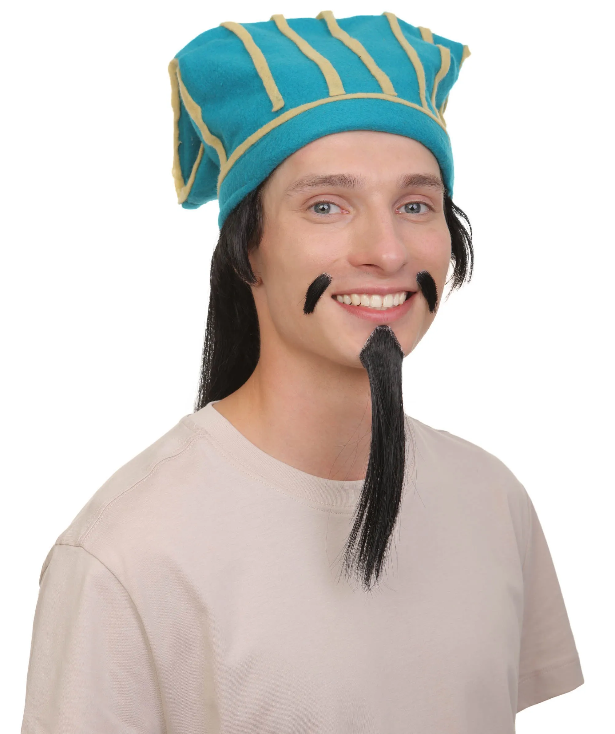 Adult Men's Straight Long Black Wig with Attached Hat Mustache Beard | Best for Halloween | Flame-retardant Synthetic Materials