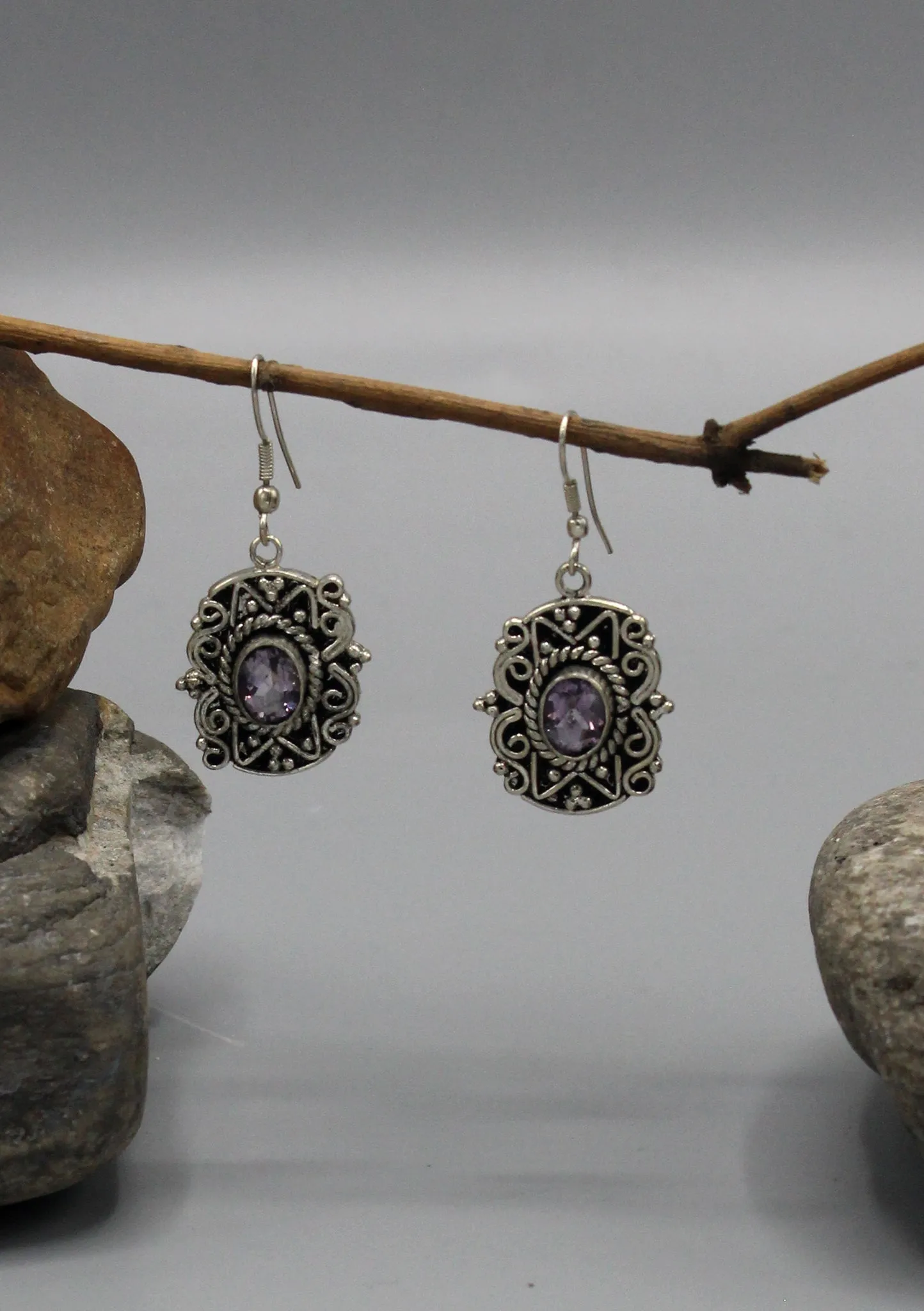 Amethyst Inlaid Filigree Silver Plated Earrings