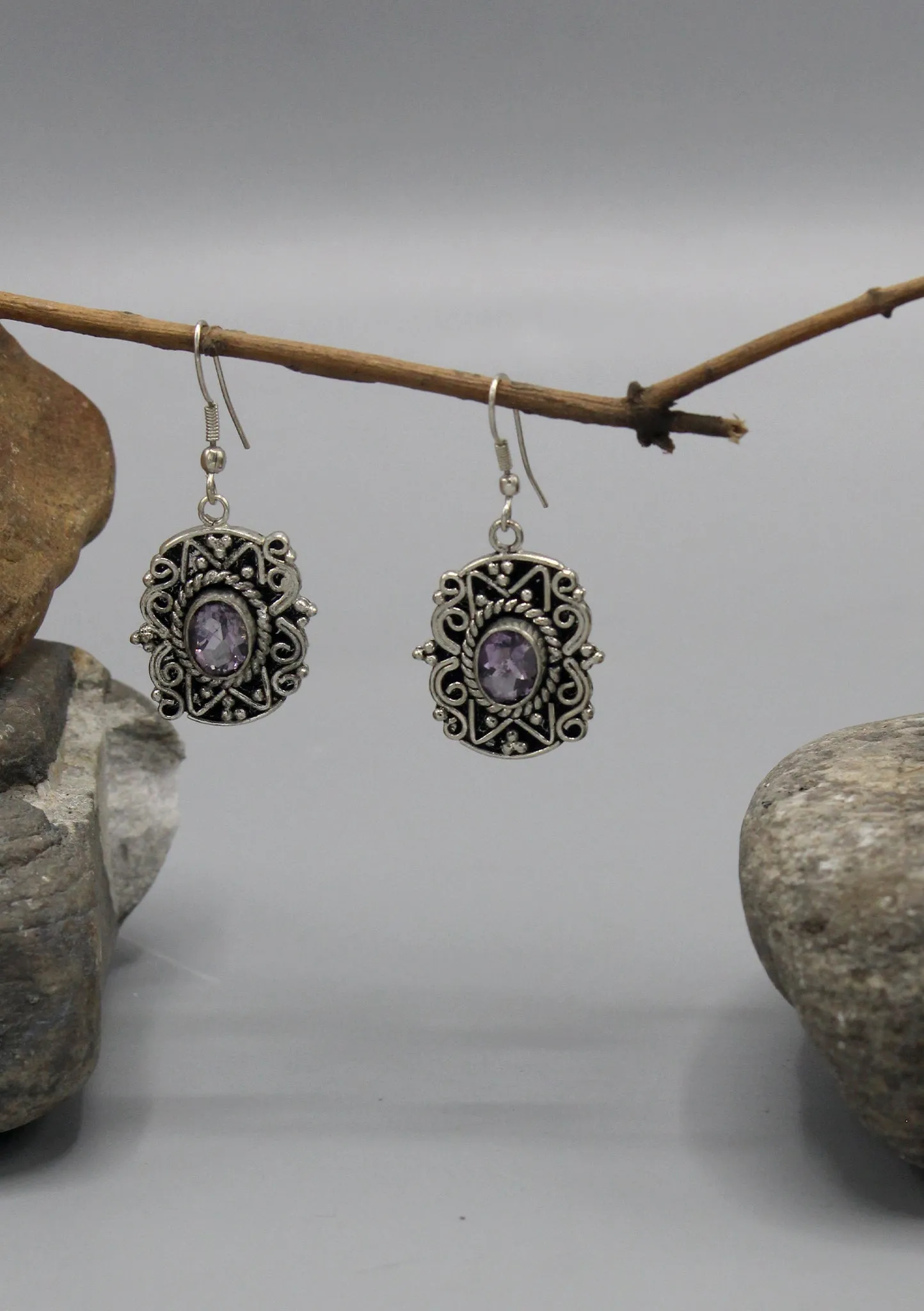 Amethyst Inlaid Filigree Silver Plated Earrings