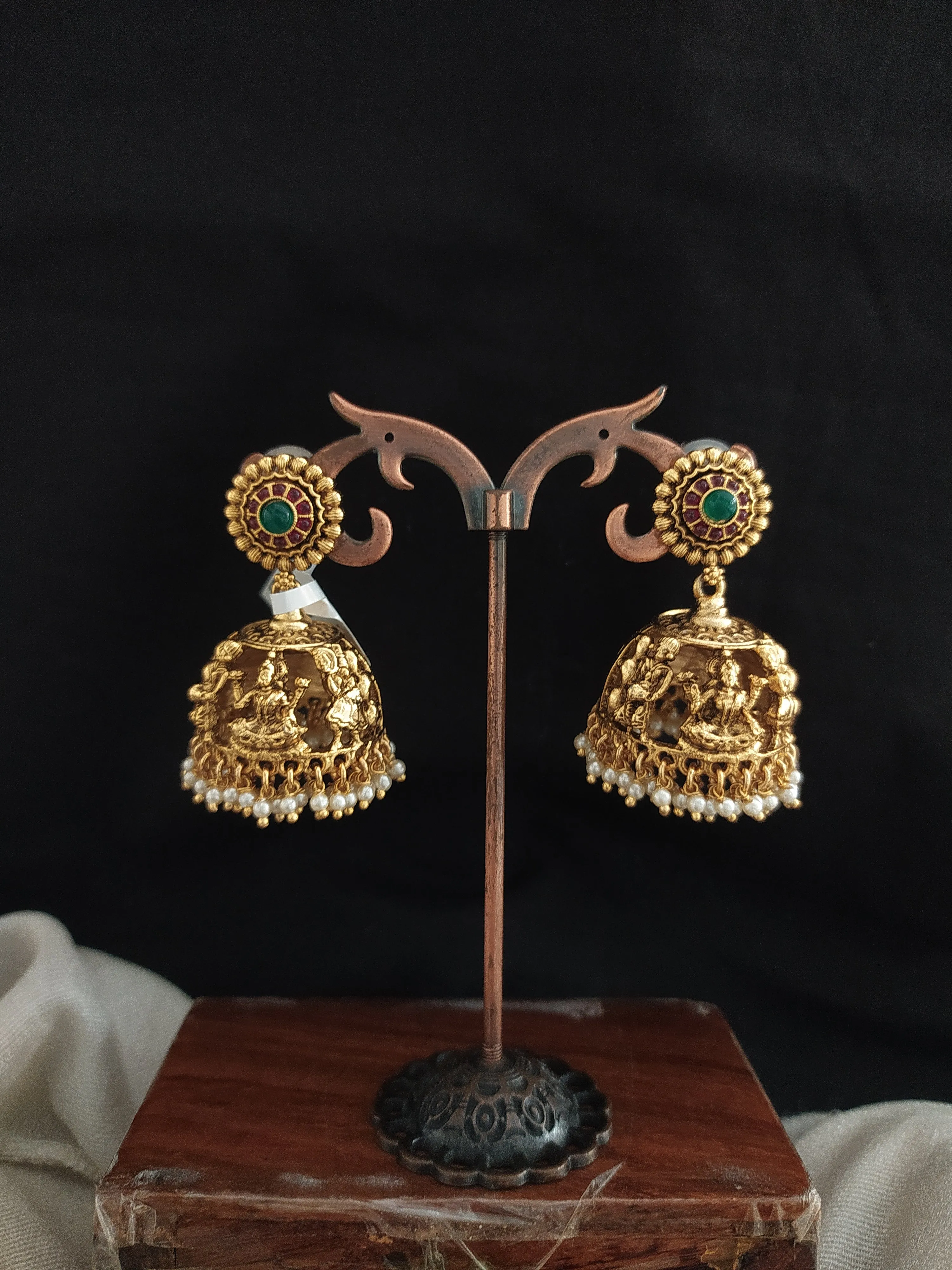 Antique Designer Lakshmi Jhumki with Pearl Drops