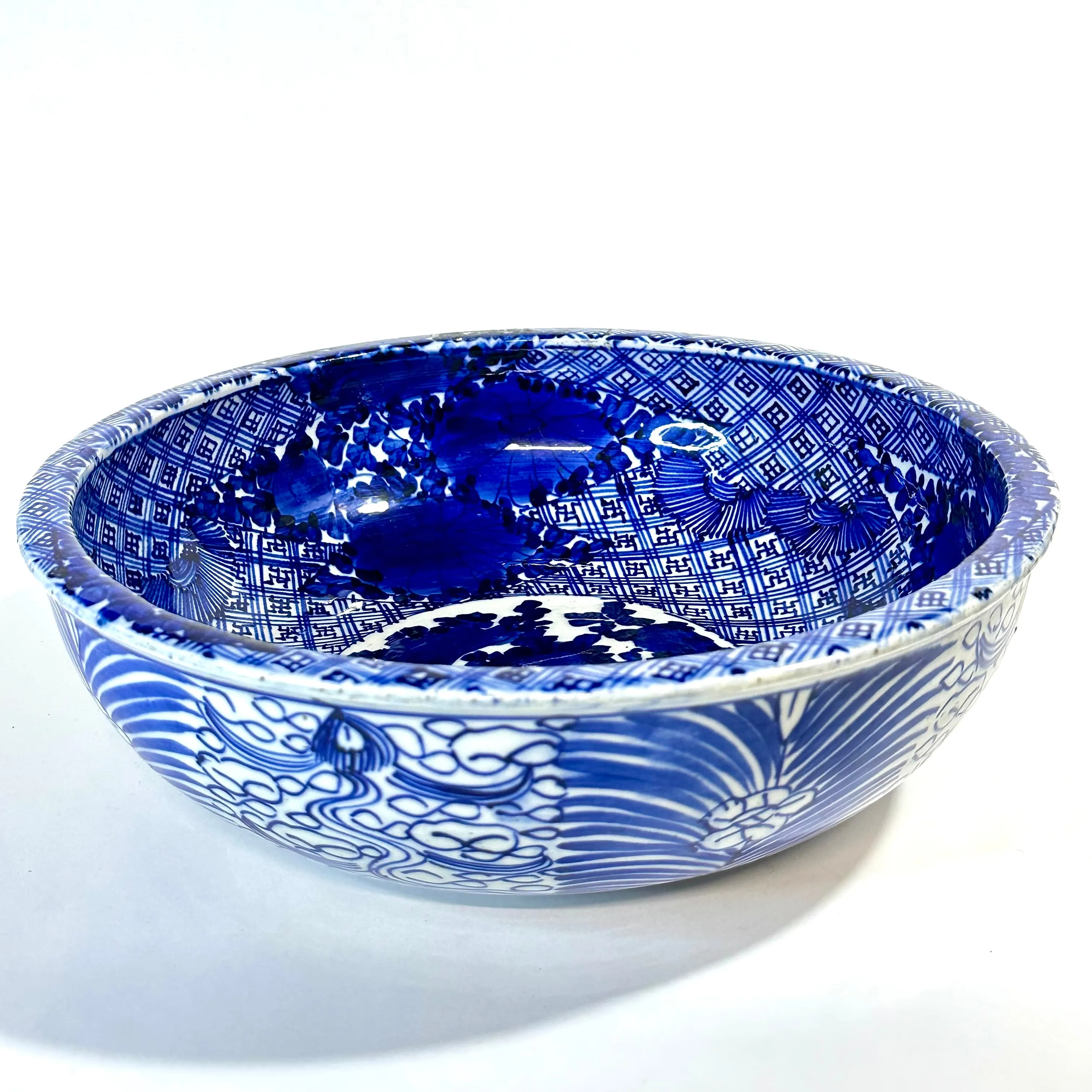 Antique Meiji Hand Painted Imari Japanese Ceramic Bowl Blue & White 11.5”