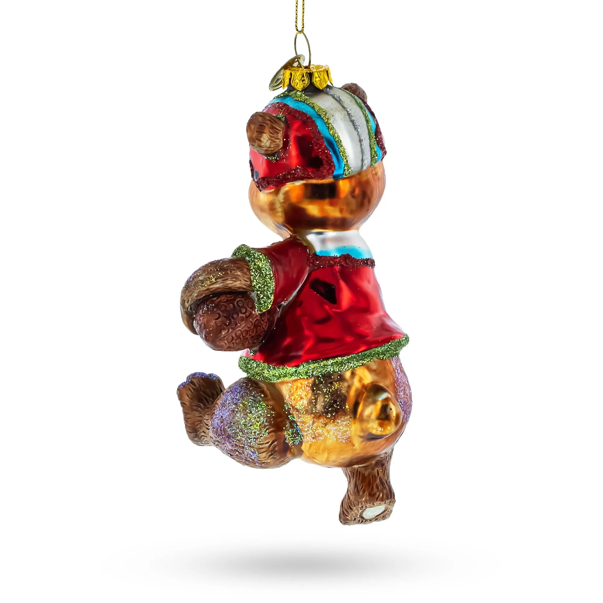 Athletic Bear Engaged In Football - Blown Glass Christmas Ornament