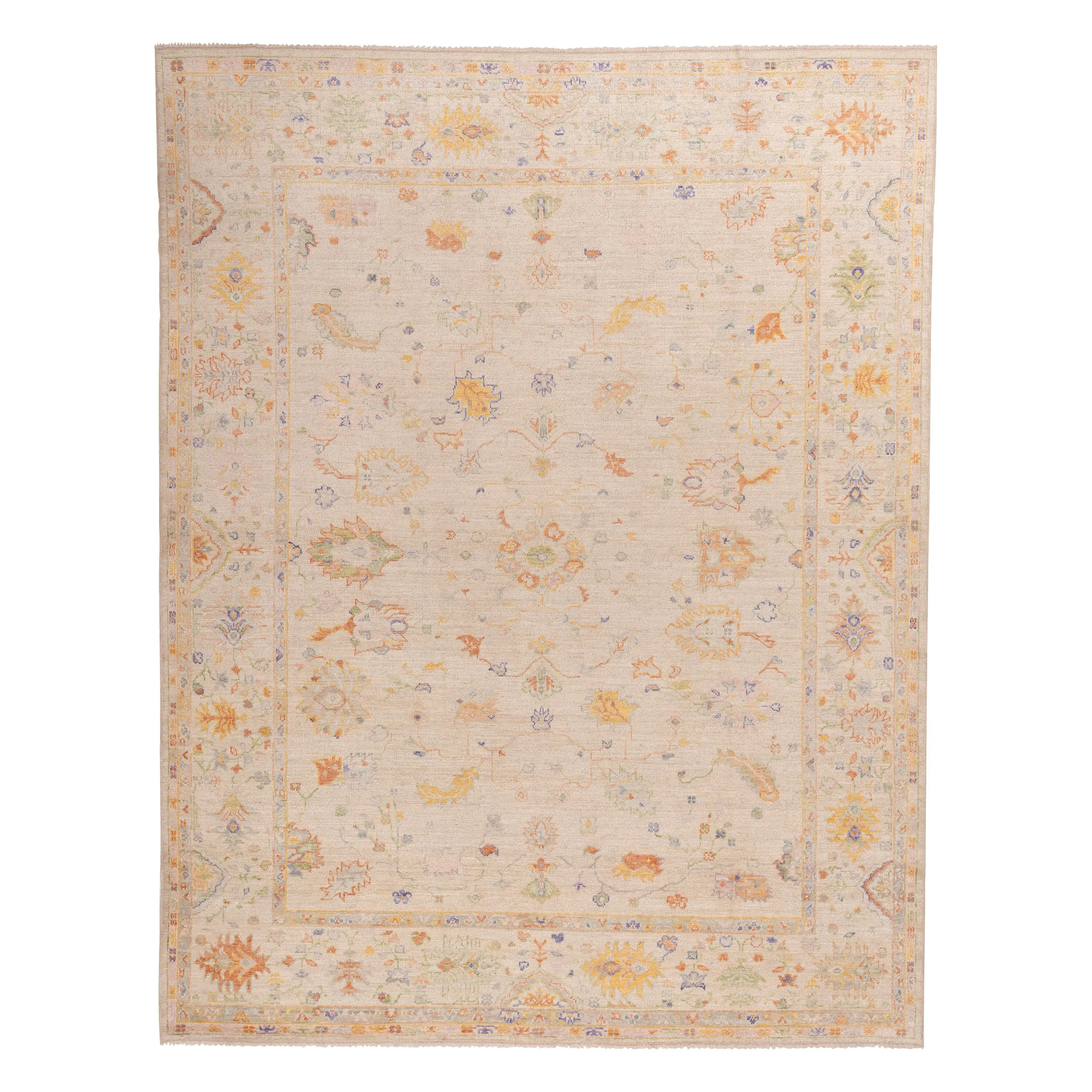 Beige Traditional Turkish Oushak Wool Rug - 9' x 11'7"