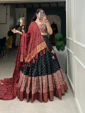 Black Color Bandhani And Ajrakh Print With Foil Work  Dola Silk Chaniya Choli