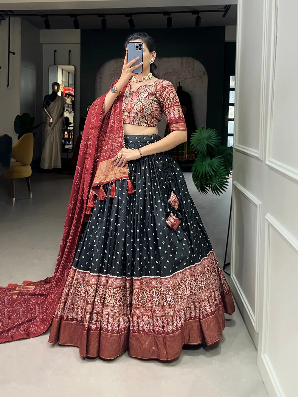 Black Color Bandhani And Ajrakh Print With Foil Work  Dola Silk Chaniya Choli