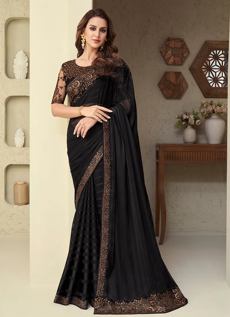 Black Golden Sequence Embroidery Designer Silk Saree