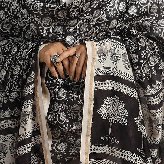 Black - Traditional Maheshwari Silk Bagh Print Dupatta 27