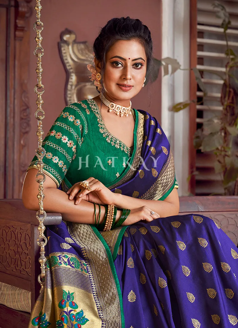 Blue And Green Traditional Embroidered Silk Saree