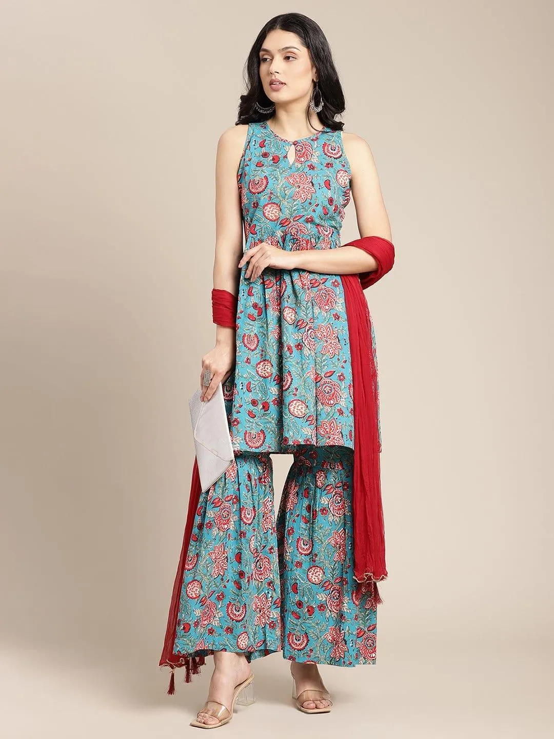 Blue And Red Floral Printed Flared Sleeveless Kurta Paired With Sharara And D Dupatta