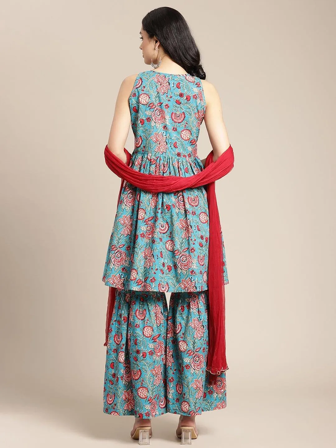 Blue And Red Floral Printed Flared Sleeveless Kurta Paired With Sharara And D Dupatta