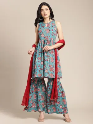 Blue And Red Floral Printed Flared Sleeveless Kurta Paired With Sharara And D Dupatta