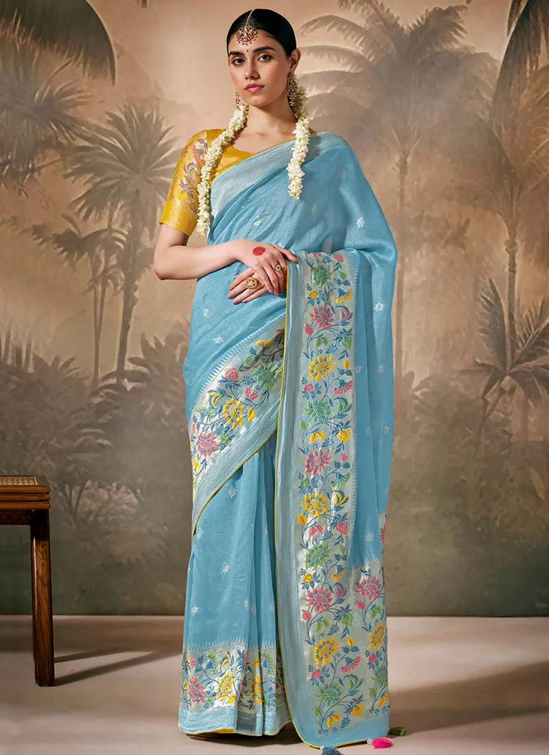 Blue And Yellow Floral Munga Silk Saree