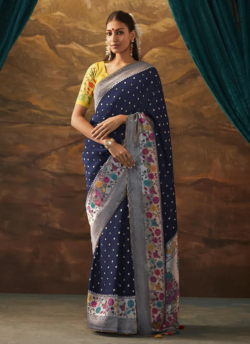 Blue And Yellow Floral Paithani Banarasi Dola Silk Saree