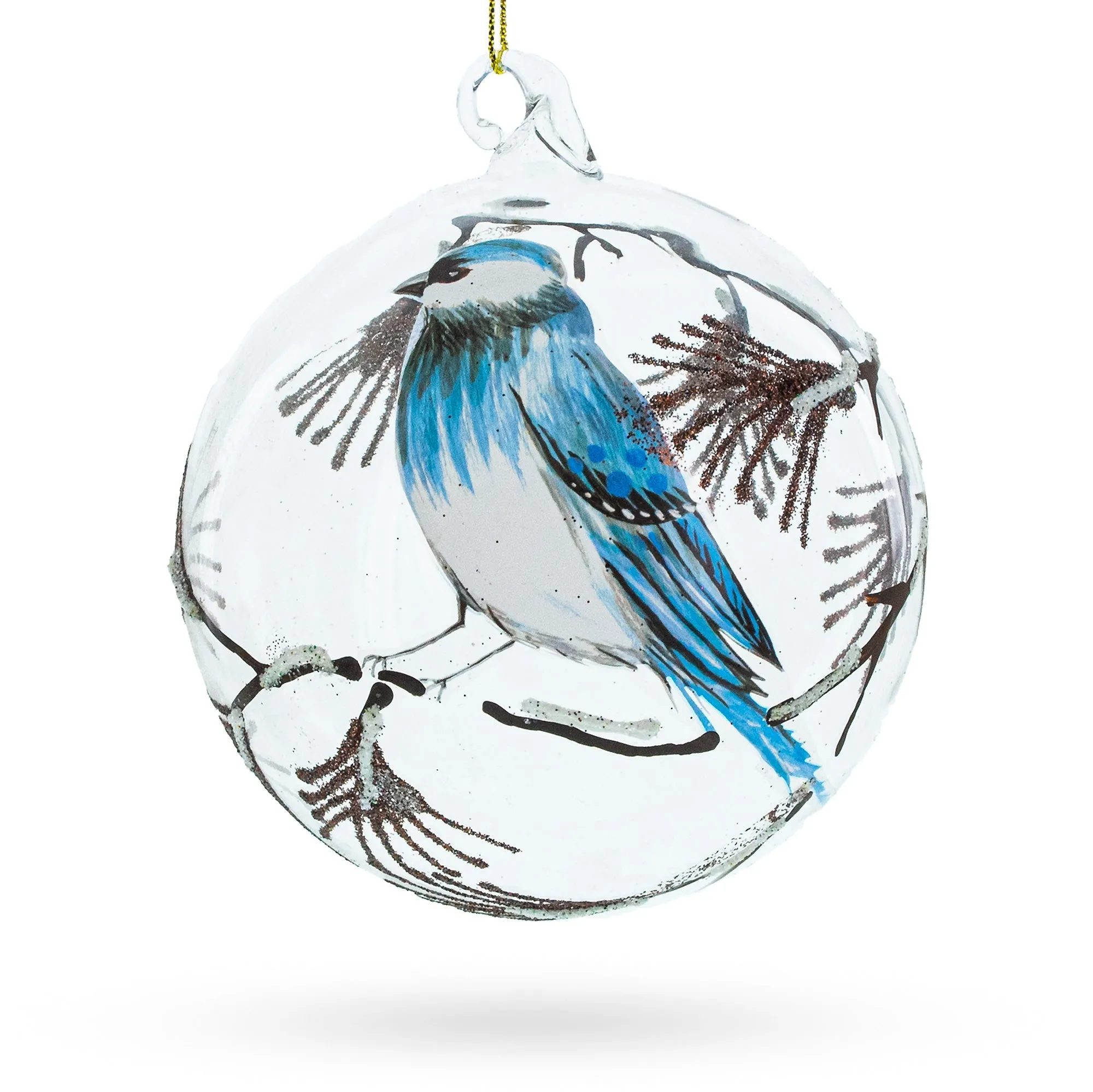 Blue Bird On Clear Glass Ball - Serene Blown Glass Christmas Ornament