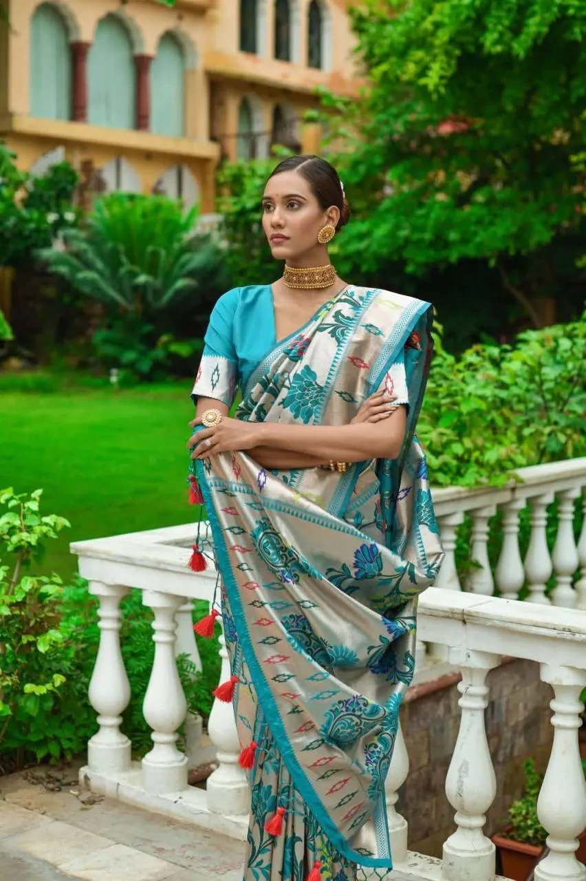 Blue Floral Banarasi Silk  Saree