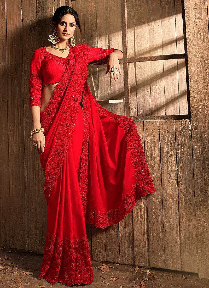 Bright Red With Multi Embroidered Pallu Traditional Saree