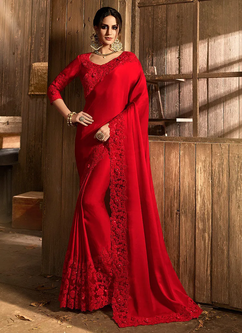 Bright Red With Multi Embroidered Pallu Traditional Saree