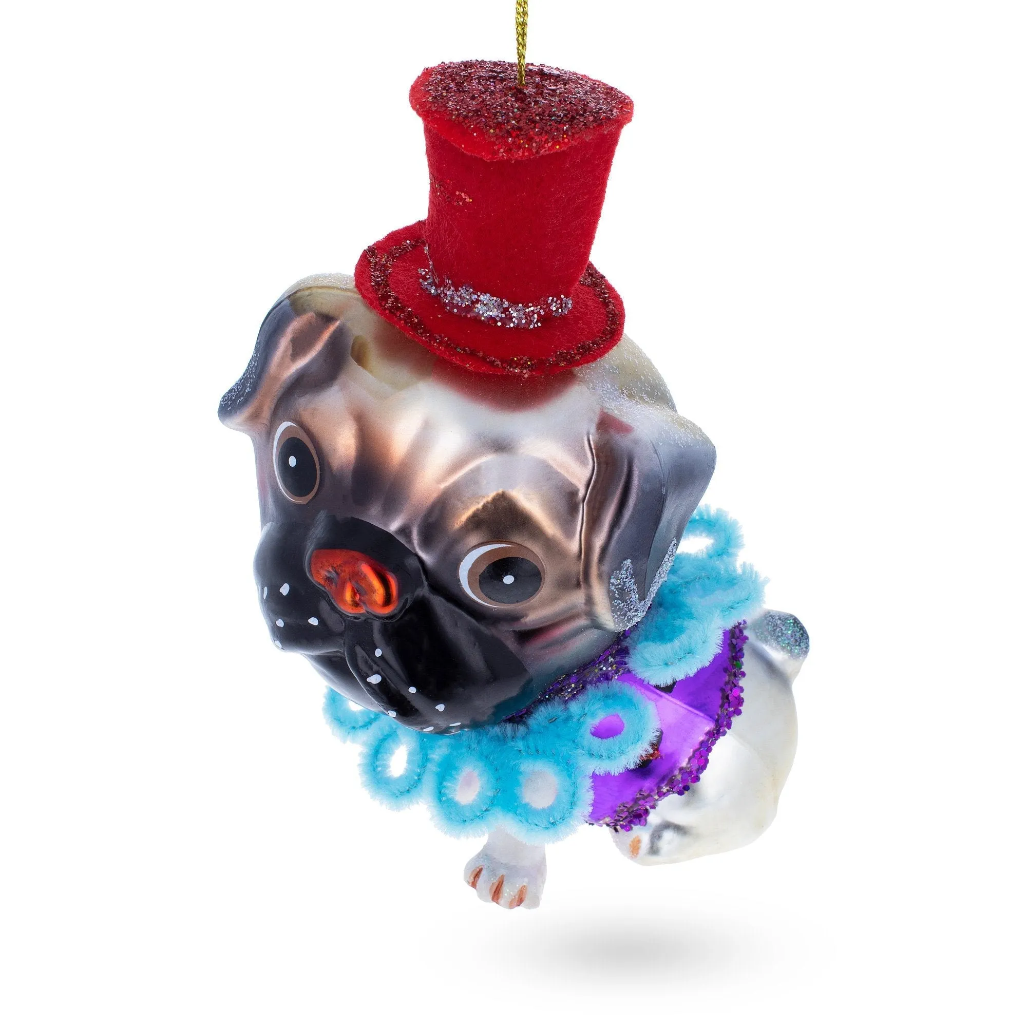 Charming Pug In A Festive Red Hat - Blown Glass Christmas Ornament