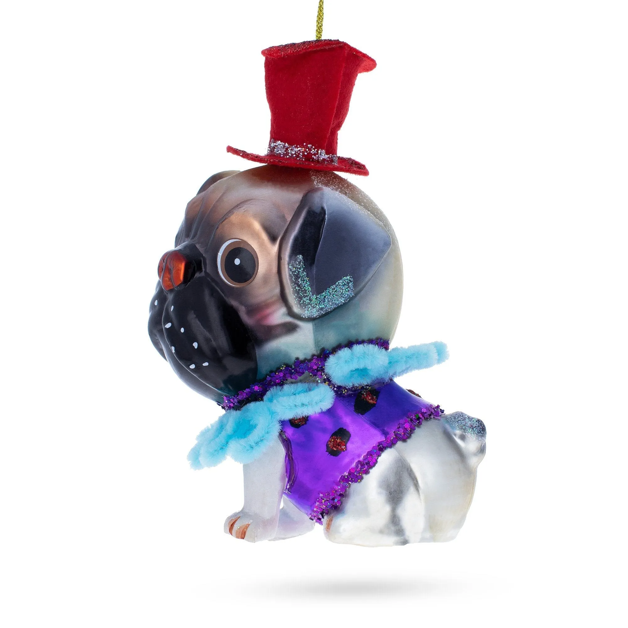 Charming Pug In A Festive Red Hat - Blown Glass Christmas Ornament