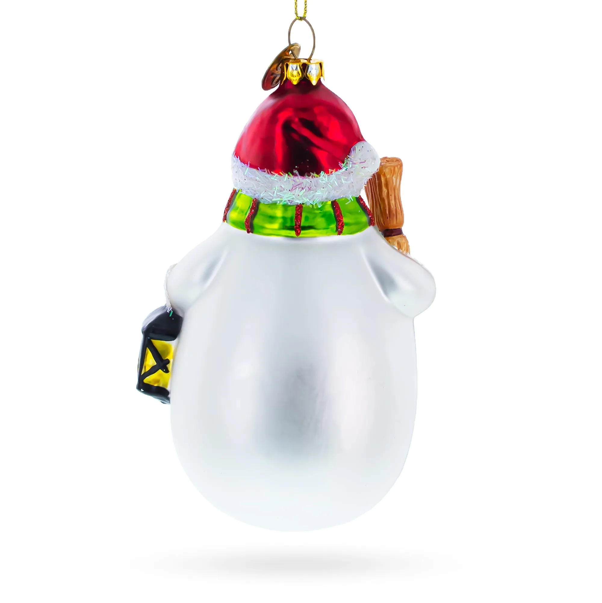 Charming Snowman Holding Broom And Lantern - Festive Blown Glass Christmas Ornament