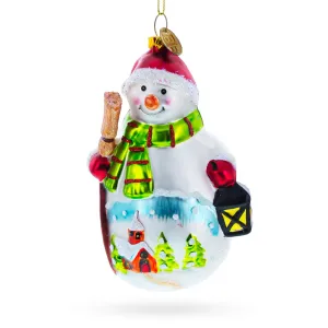 Charming Snowman Holding Broom And Lantern - Festive Blown Glass Christmas Ornament