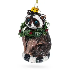 Cheerful Racoon With Wreath - Blown Glass Christmas Ornament