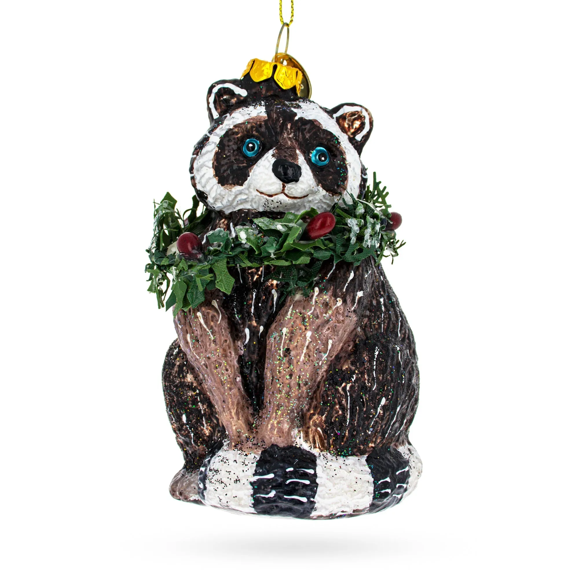 Cheerful Racoon With Wreath - Blown Glass Christmas Ornament