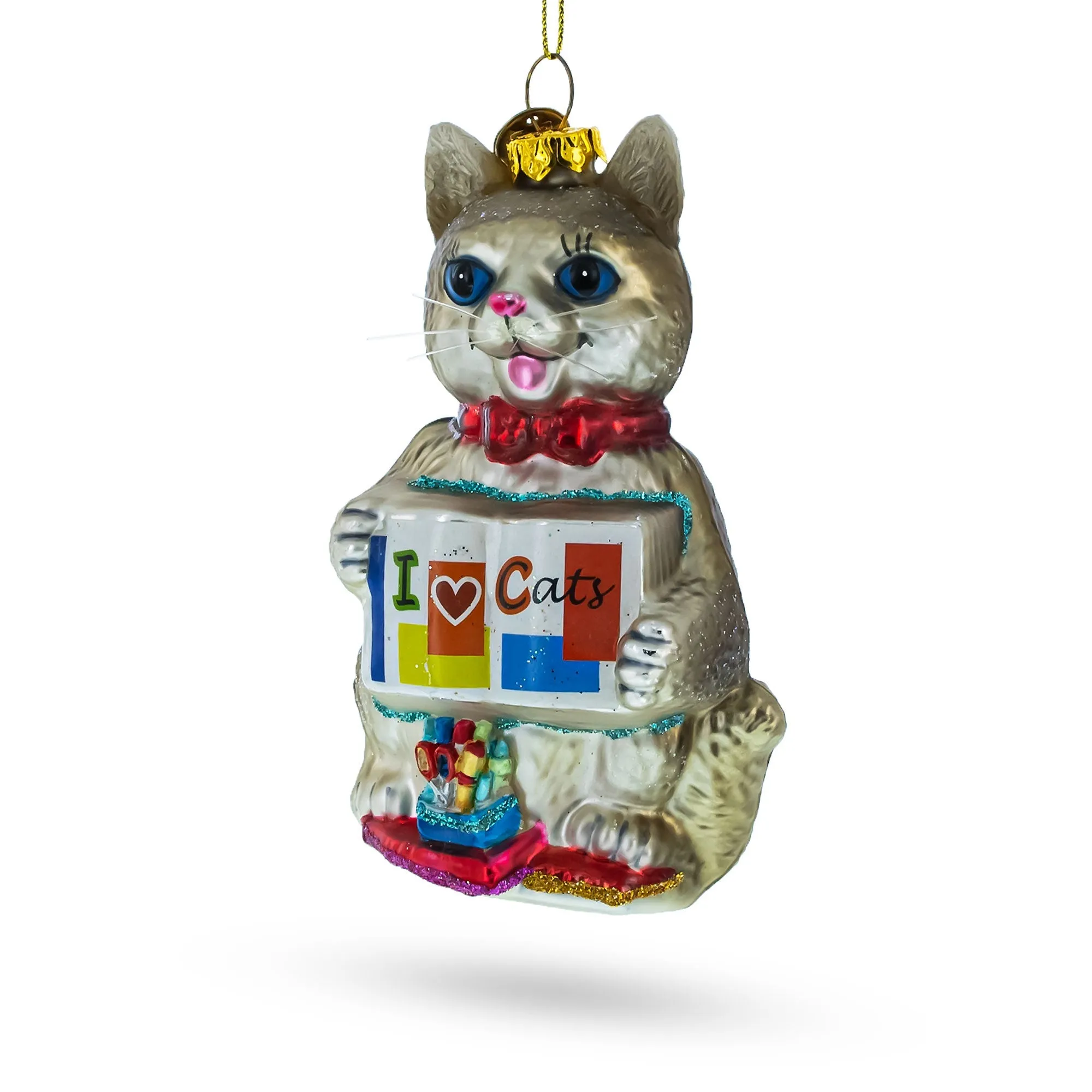 Creative Cat With Crayons - Blown Glass Christmas Ornament