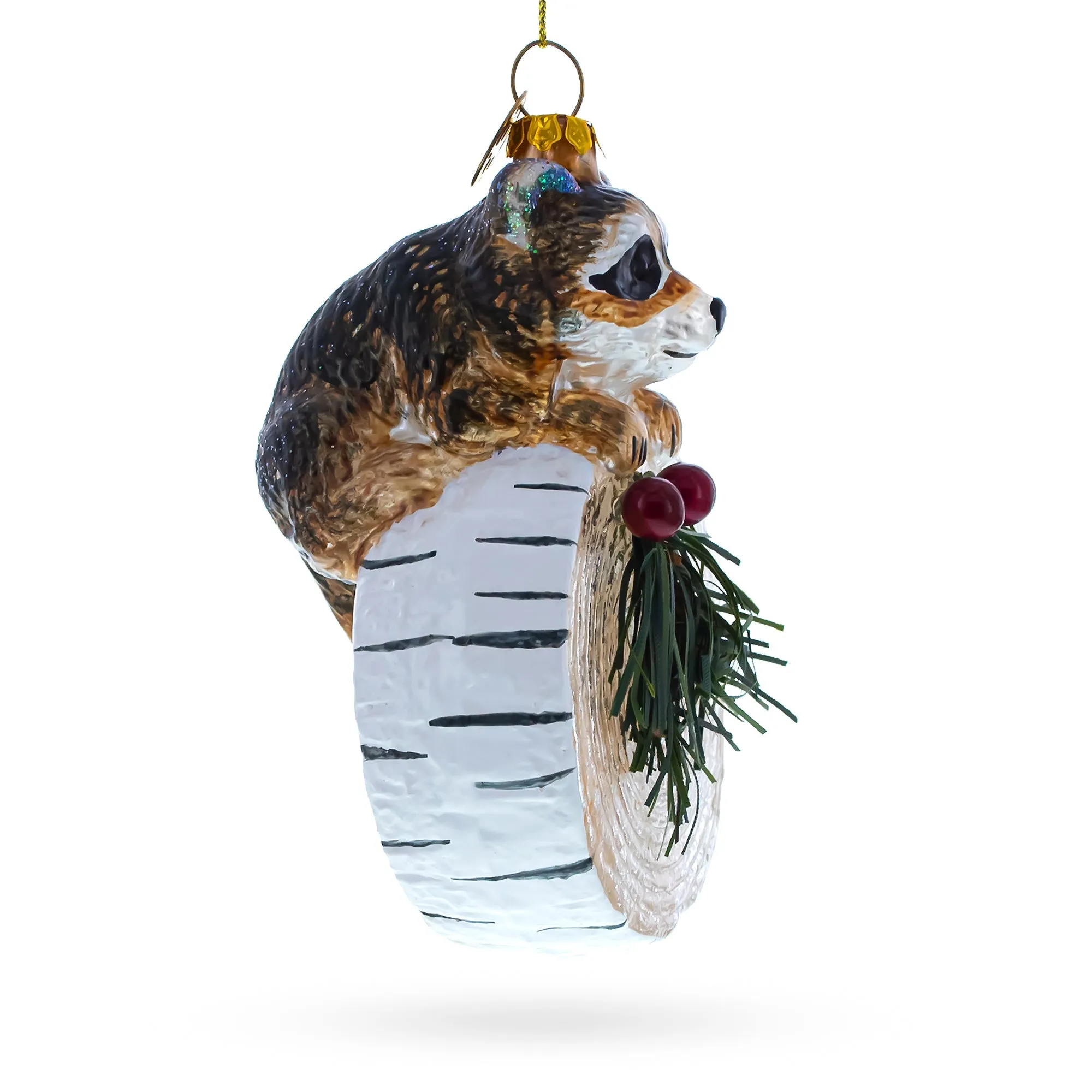 Curious Raccoon On The Log - Blown Glass Christmas Ornament