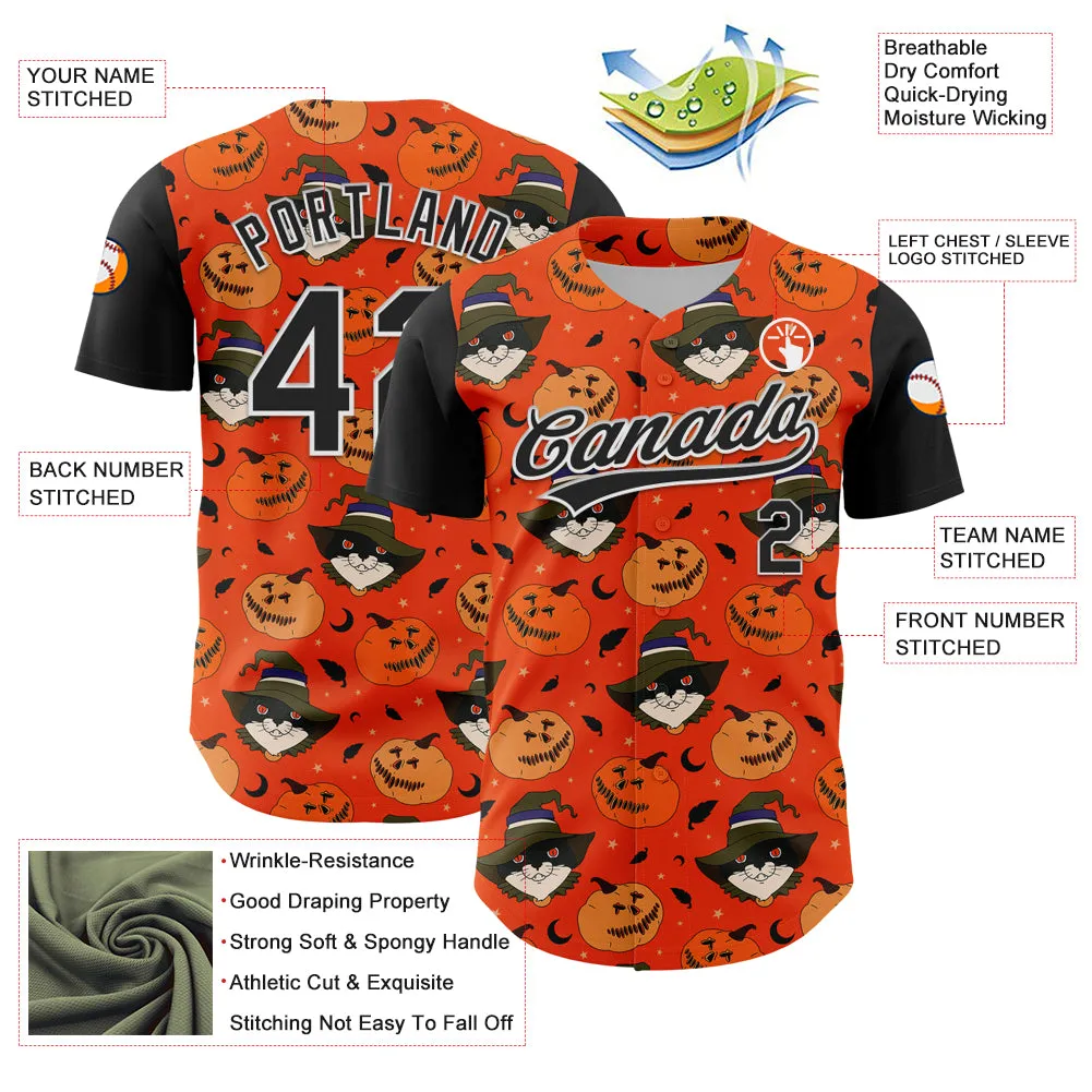 Custom Orange Black-White 3D Halloween Authentic Baseball Jersey