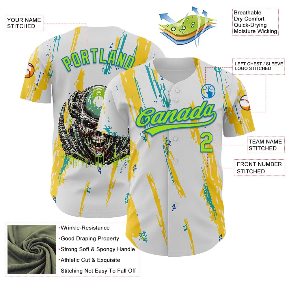 Custom White Neon Green-Blue 3D Halloween Authentic Baseball Jersey