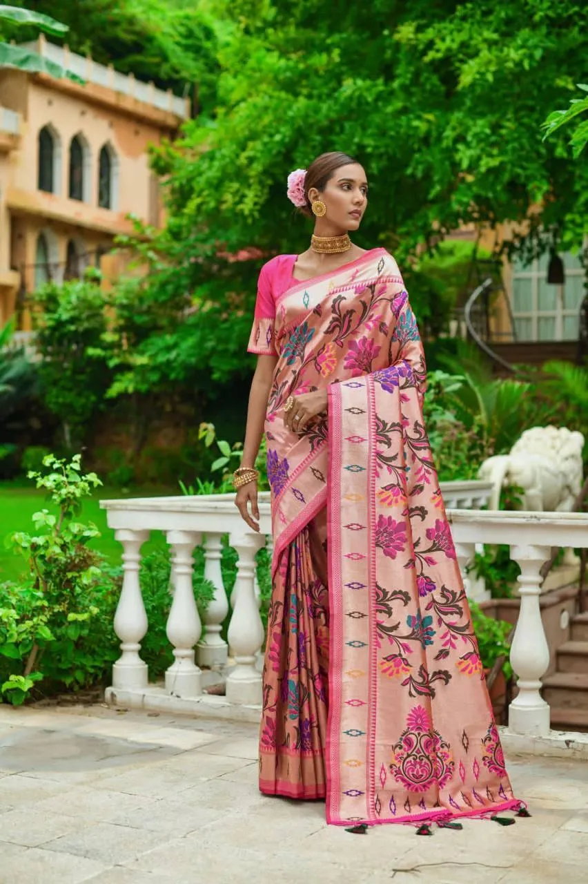 Dark Pink Floral Banarasi Silk  Saree