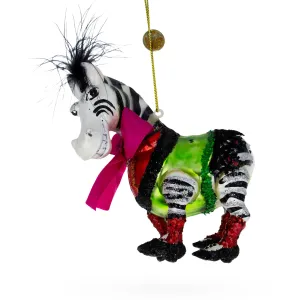 Dashing Zebra In Costume - Blown Glass Christmas Ornament