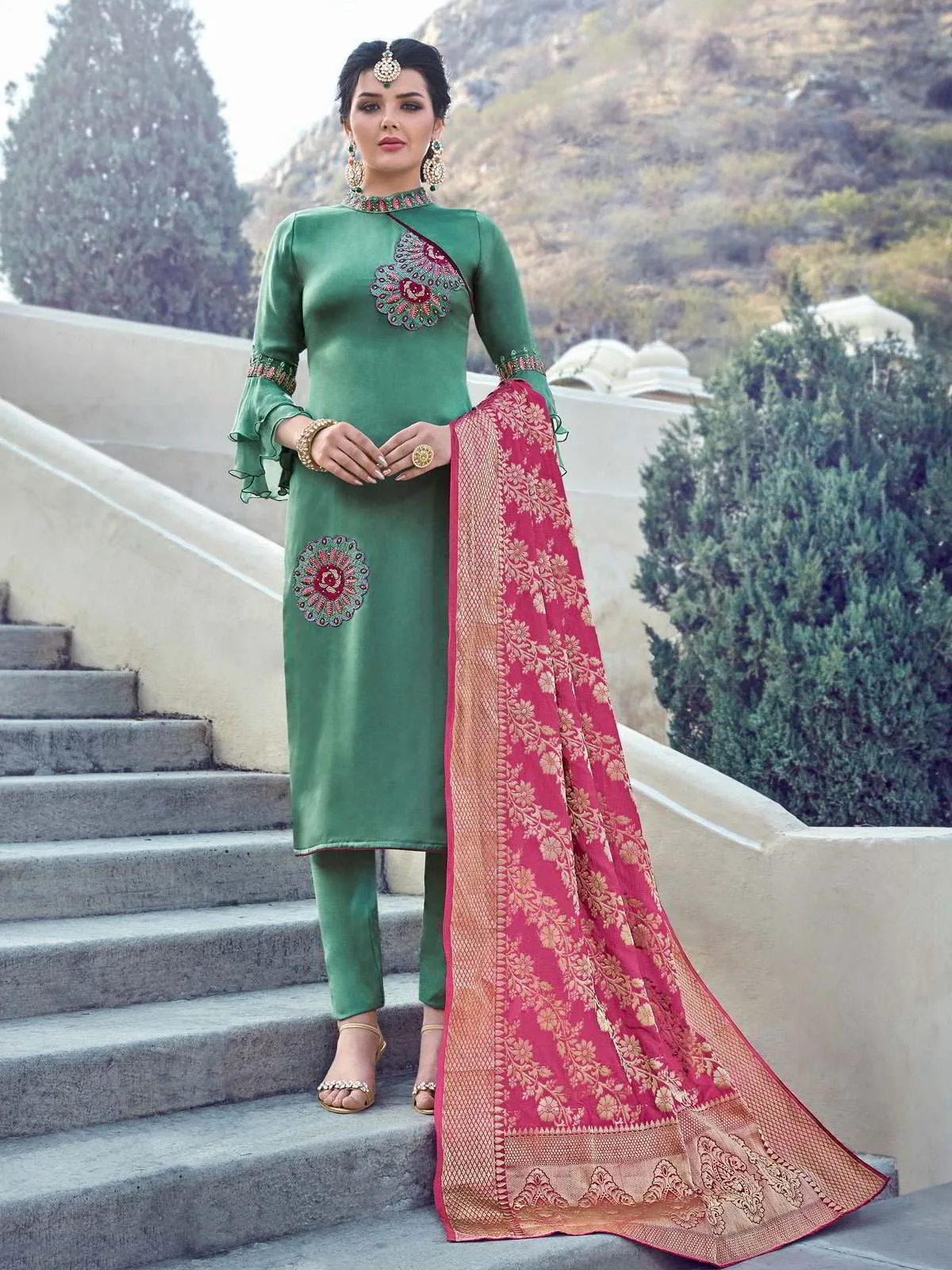 Deep Green Sober Embroidered With Banarasi Dupatta Pant Suit