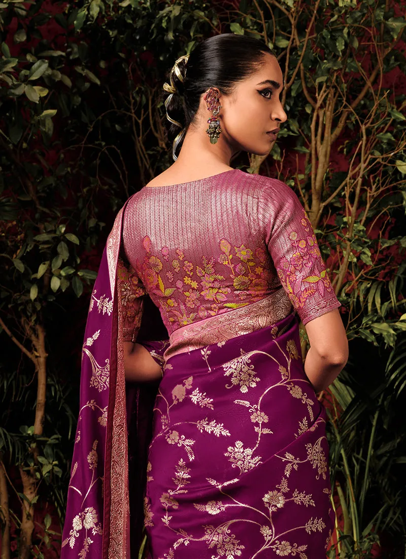 Deep Wine Floral Viscose Silk Saree