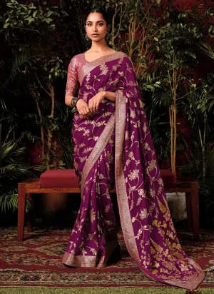 Deep Wine Floral Viscose Silk Saree