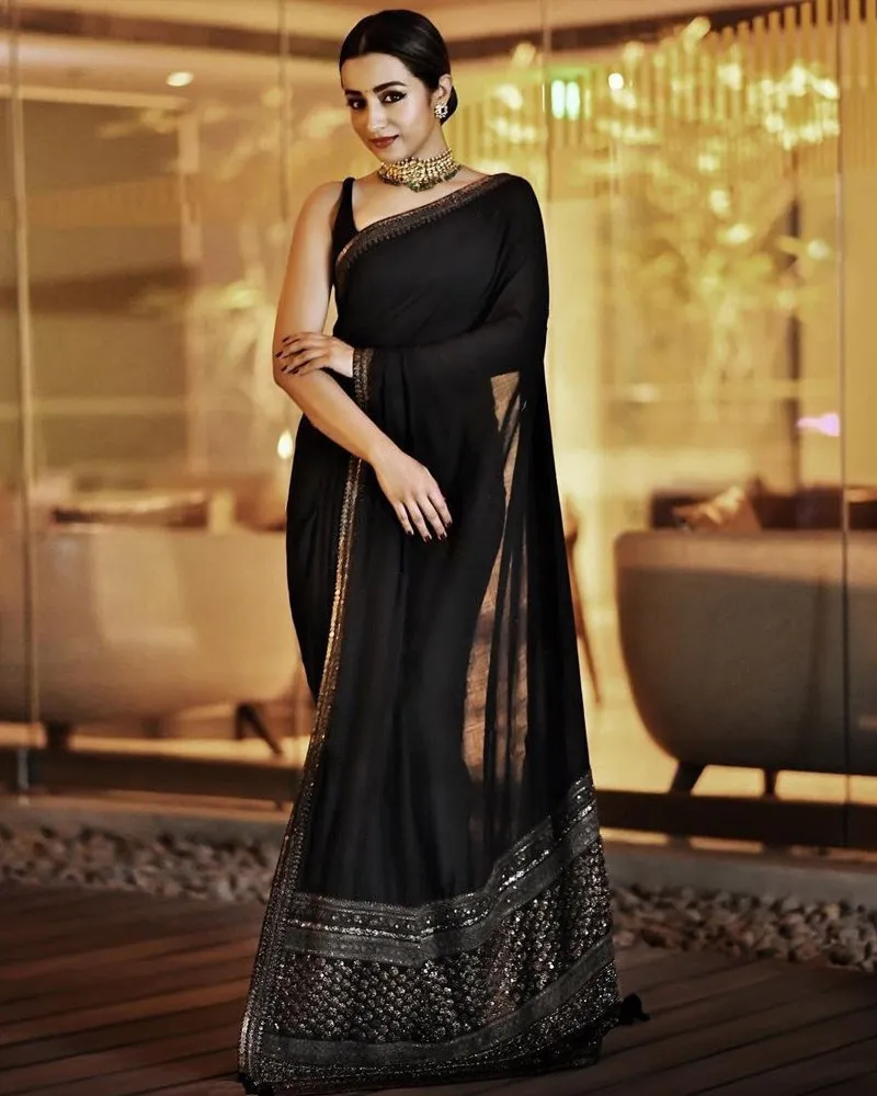 Designer Border Embroidery Work Black Saree - Perfect for Festive & Party Wear