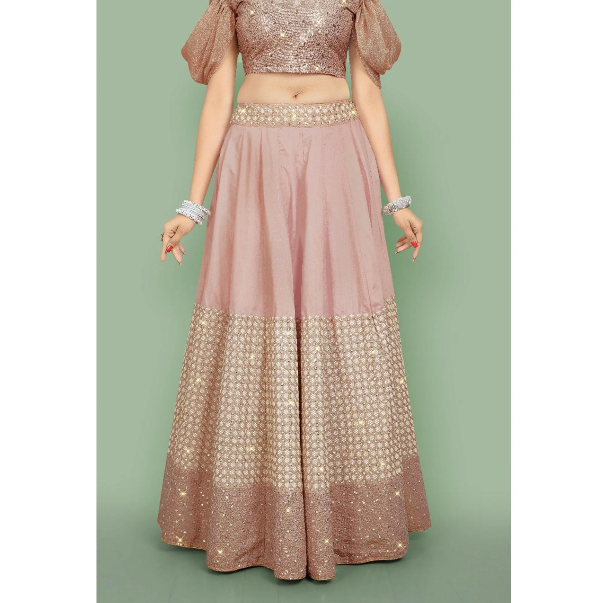 Dusty Rose Pink  Partywear Sequins Embroidery Silk Lehenga Choli