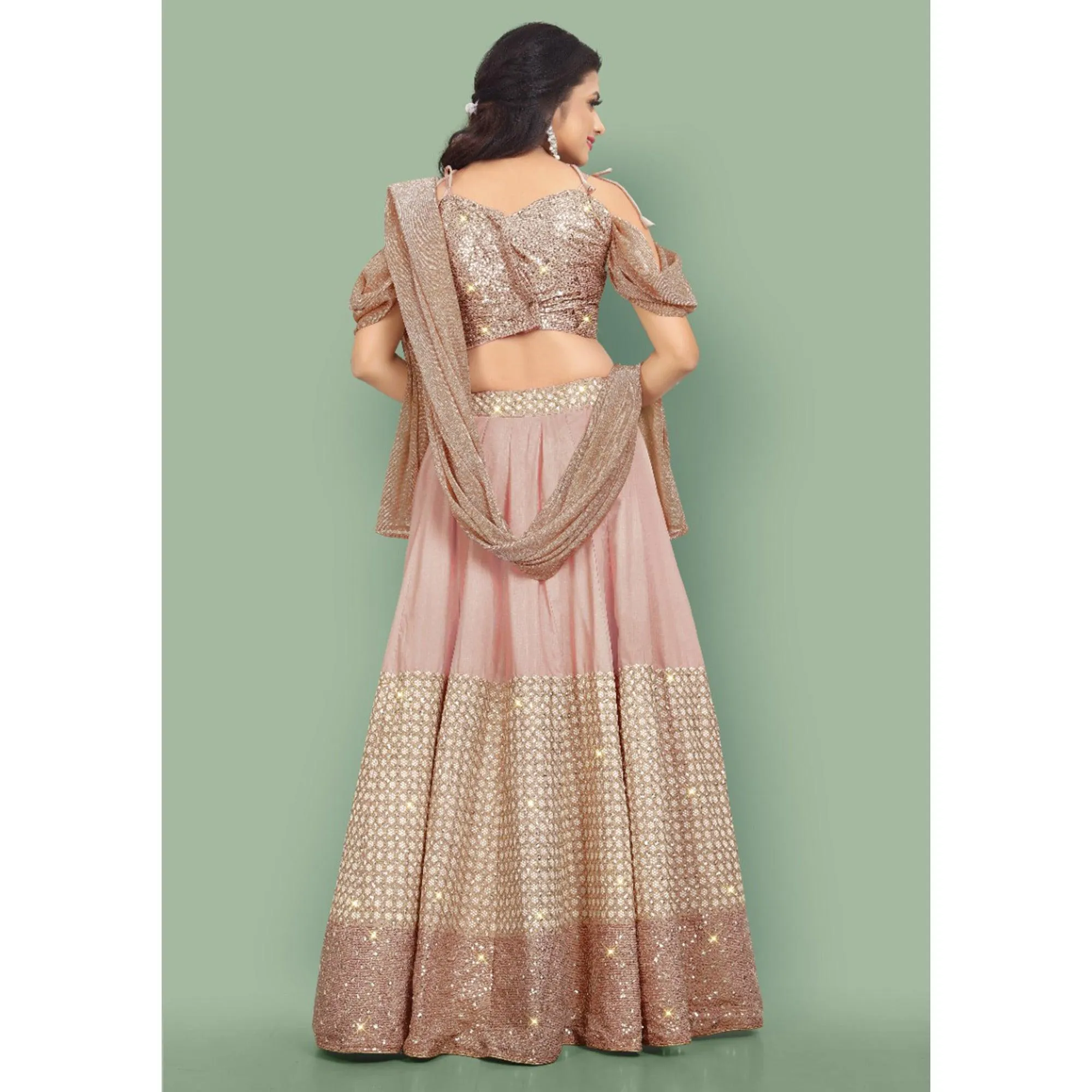 Dusty Rose Pink  Partywear Sequins Embroidery Silk Lehenga Choli